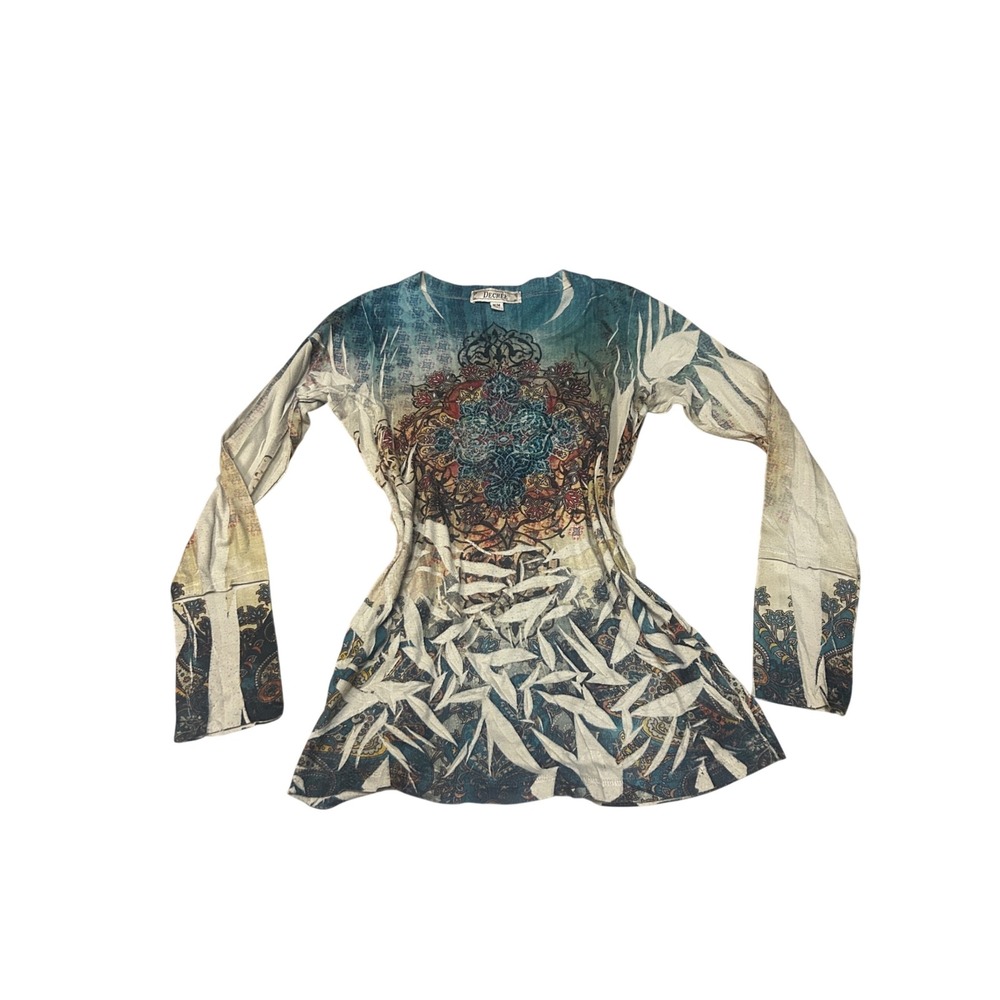 Decree Womens Long Sleeve Boho Mandala Burnout Mixed‎ Print Top Teal Cream M